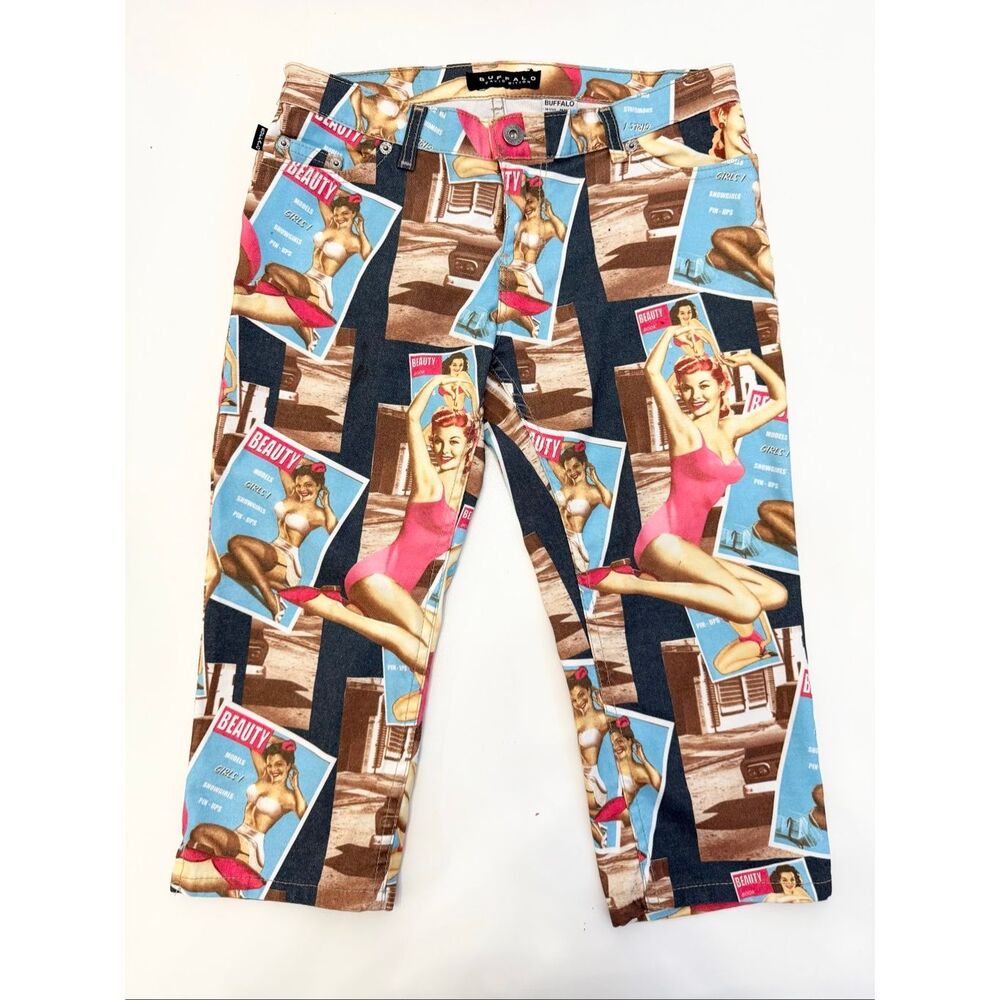 Buffalo David Bitton Beauty Pin-Up Girl Magazine Capri Shorts Stretch Denim S 28